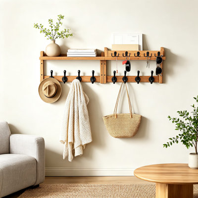 Portemanteaux mural en bois avec tablette et crochets
