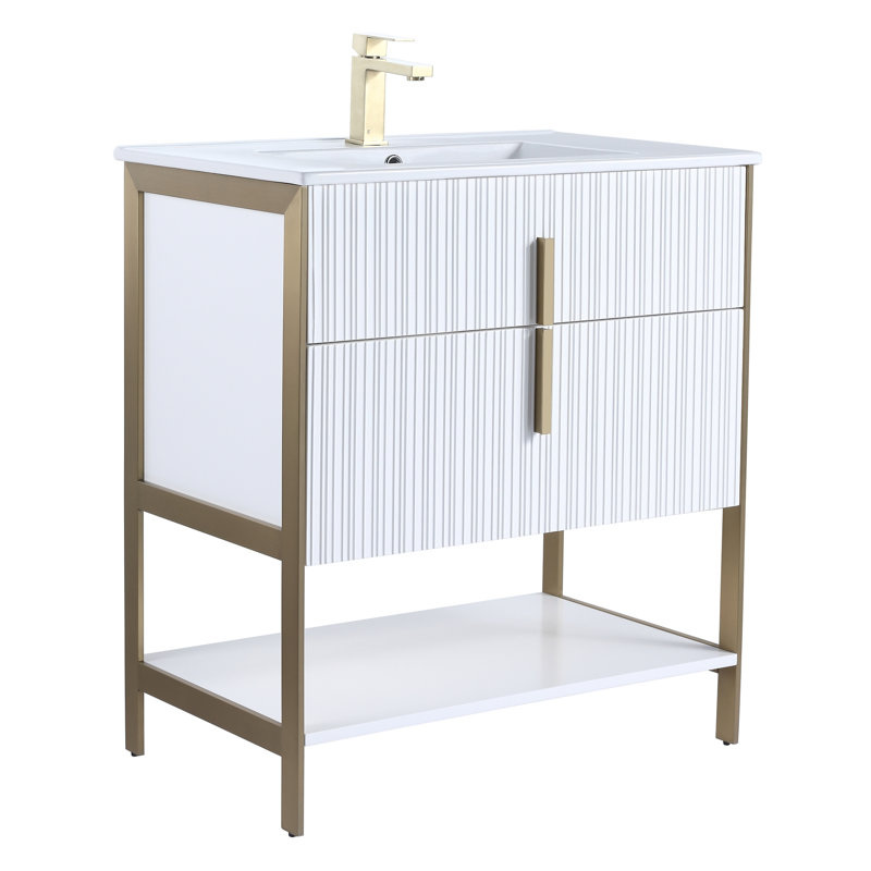  Meuble-lavabo moderne avec plateau en céramique blanche Serenity, 30", Blanc mat / laiton