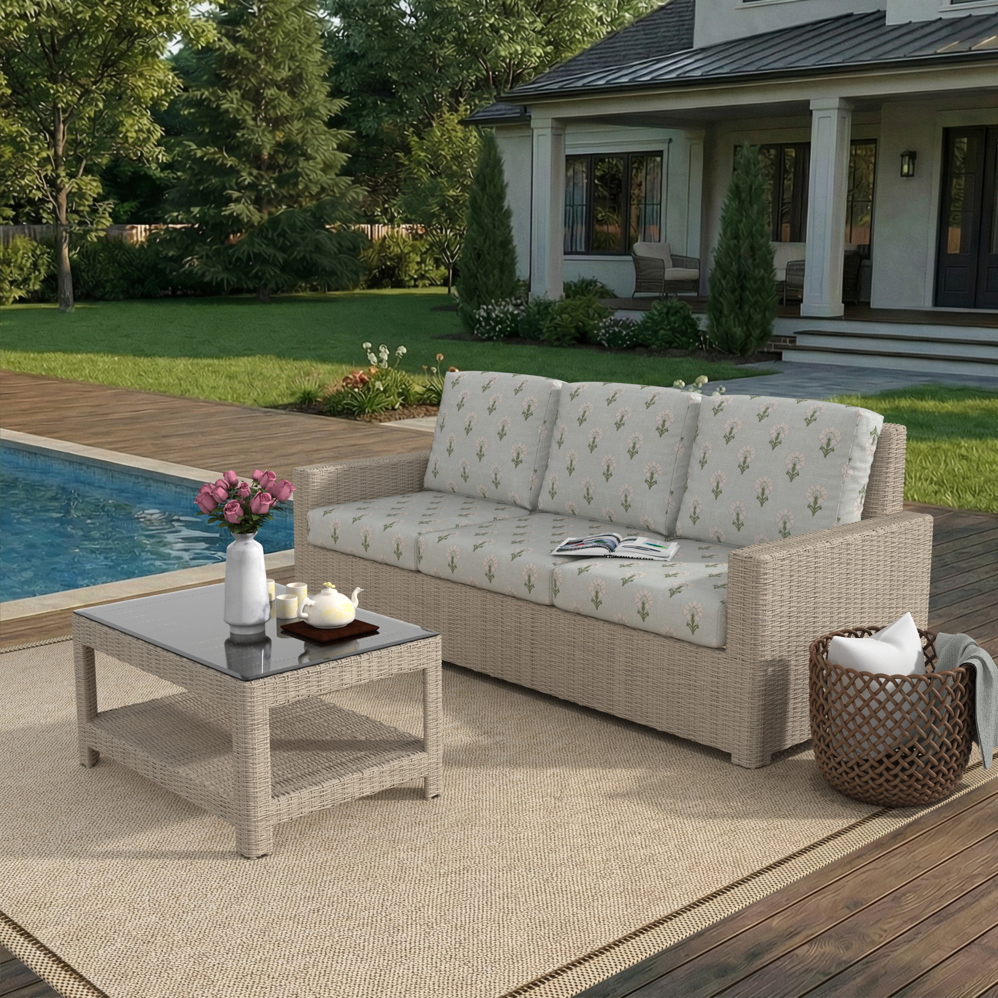 Henri 3 Seat Sofa With Sunbrella Cushions, Mira Celeste