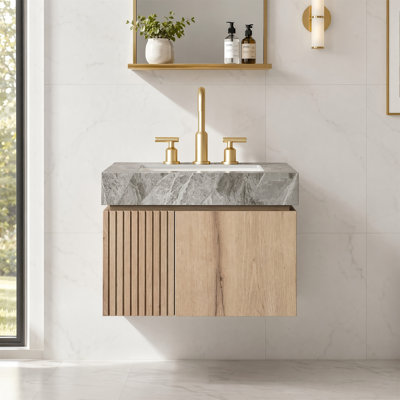 Meuble-lavabo flottant mural 24 po avec plateau en pierre frittée gris clair, 3 trous de robinet, fermeture en douceur
