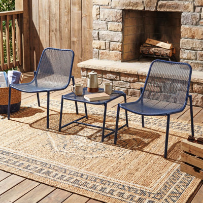 Kincaid 3-Piece Outdoor Conversation Set, Iron Frame with 2 Mesh Chairs & 1 Side Table, Matte Navy Blue Finish