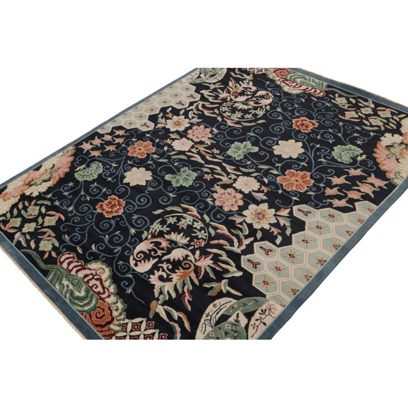 Art Deco Hand Knotted Wool Floral Area Rug, Rectangle 10' x 14'