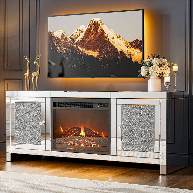 Silver Mirrored Fireplace TV Stand, Modern TV Stand Entertainment Center with Fireplace - Storage Cabinets & Drawers, Adjustable Heat & 3D Flame Effect, Crushed Diamonds, Fits Tvs Up To 65"+