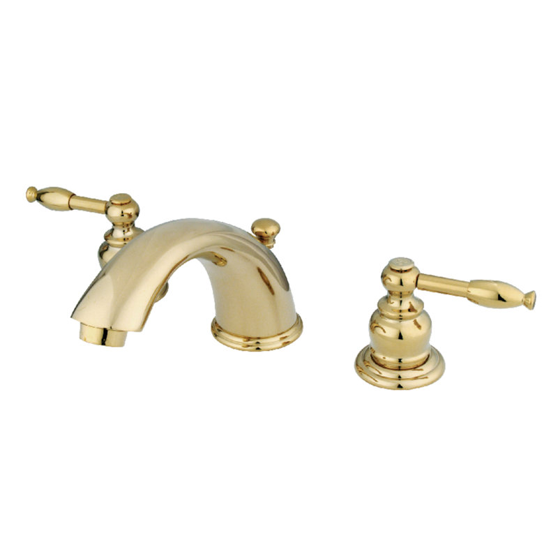 Kingston Brass Knight Two-Handle 3-Hole Deck Mount Widespread Bathroom Faucet with Retail Pop-Up Drain, Polished Brass