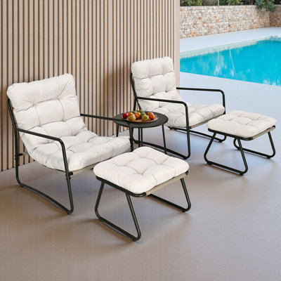 5 Pieces Outdoor Conversation Set, Metal Patio Furniture Set With 2 Outdoor Accent Chairs, 2 Ottomans And Side Table, Patio Bistro Set With Cushion Fo