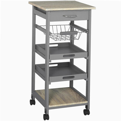 Mobile kitchen island trolley with bottom drawer and sliding metal wire storage basket, gray