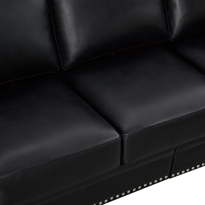 Classic Living Room Nails Sofa Faux Leather, Black, 34.5" H x 82.68" W x 31.89" D
