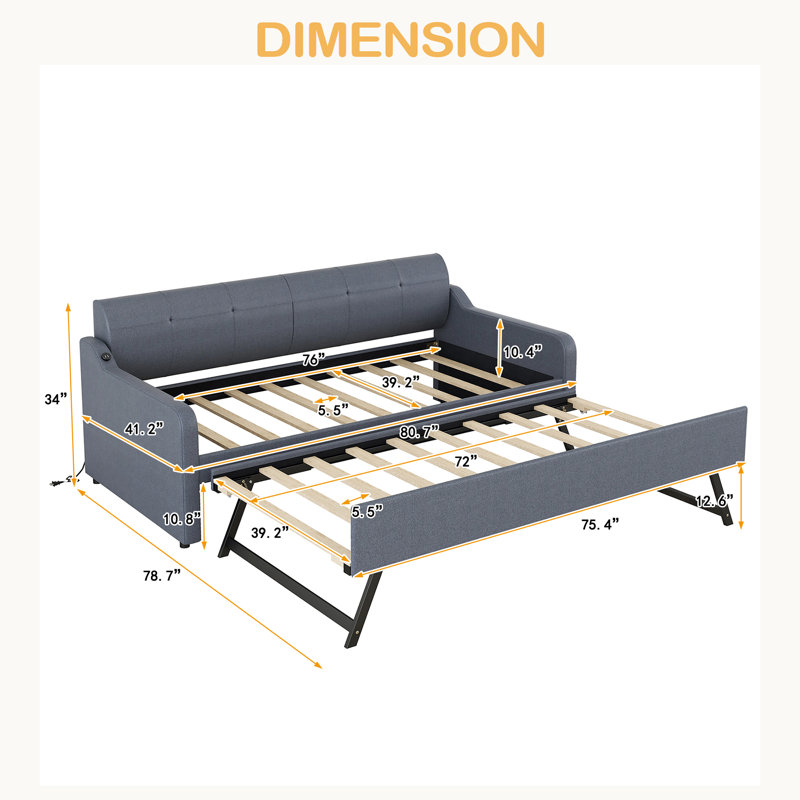 Twin Size Upholstery Daybed With Trundle And USB Charging Design,Trundle Can Be Flat Or Erected, Gray