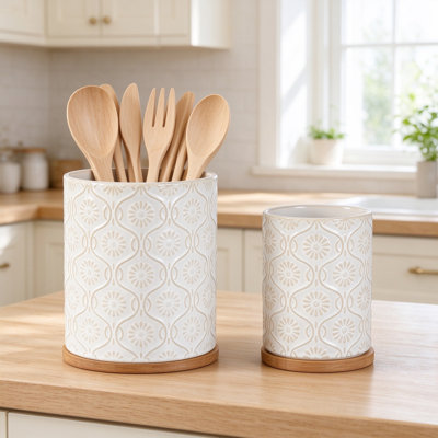 Ensemble de porte-ustensiles en céramique pour comptoir, pot à ustensiles de cuisine rotatif avec couvercle en bambou, organisateur de rangement rétro en relief