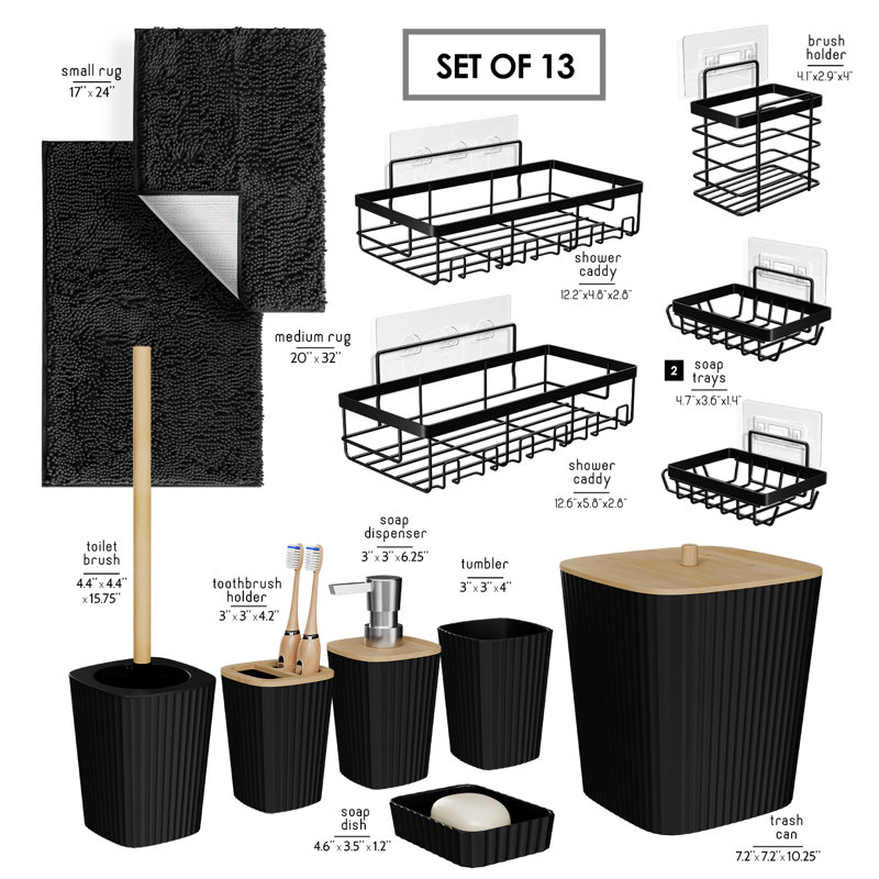 Ensemble complet d'accessoires de salle de bain 13 pièces avec accents en bambou, poubelle, brosse de toilette, 2 tapis de bain et 5 paniers de douche inclus