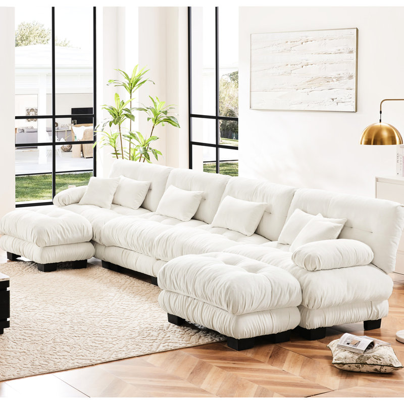Chenille en tissu en forme de U - 4 avec 2 repose-pieds relaxants en blanc pour des besoins divers Mobilier de salon 4 places polyvalent