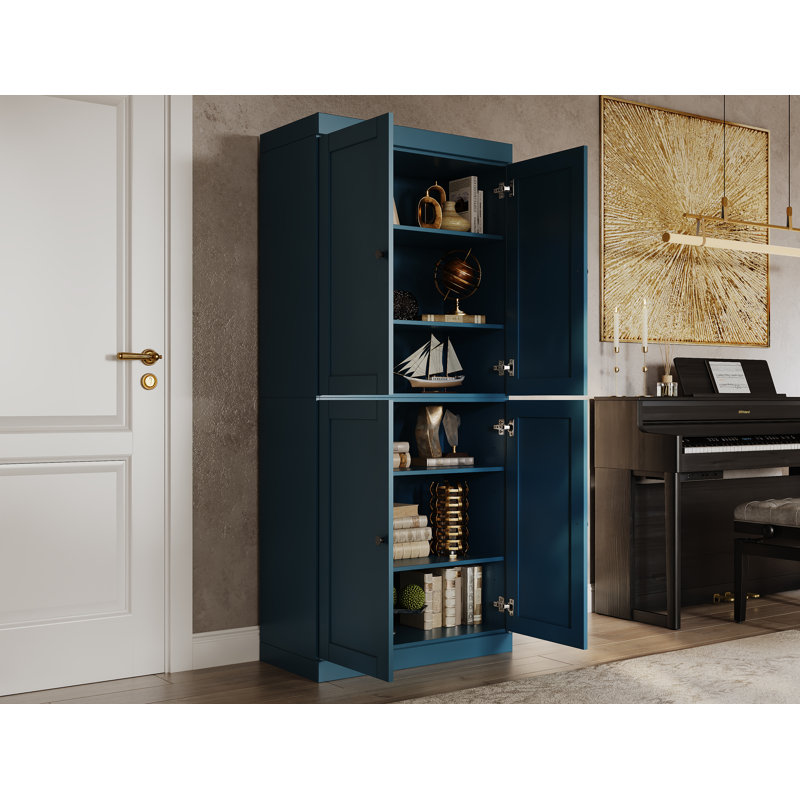 100% Solid Wood 6-Shelf Bookcase, Shaker Doors, Adjustable Shelves, 32" Wide, 71.5" Tall, Teal Blue