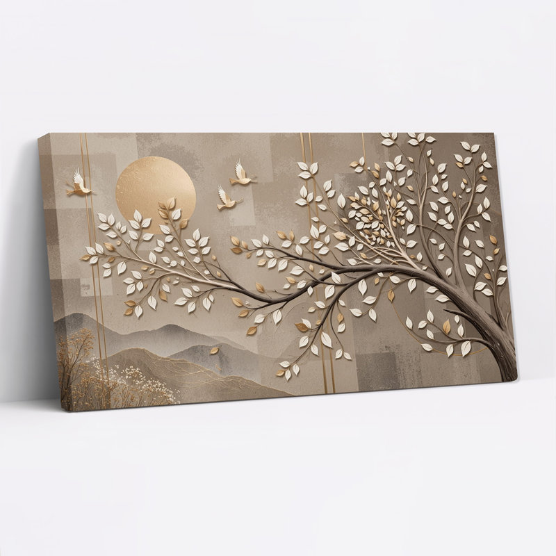 Branche d'arbre stylisée avec oiseaux et toile blanche et dorée, 40“W x 20”H