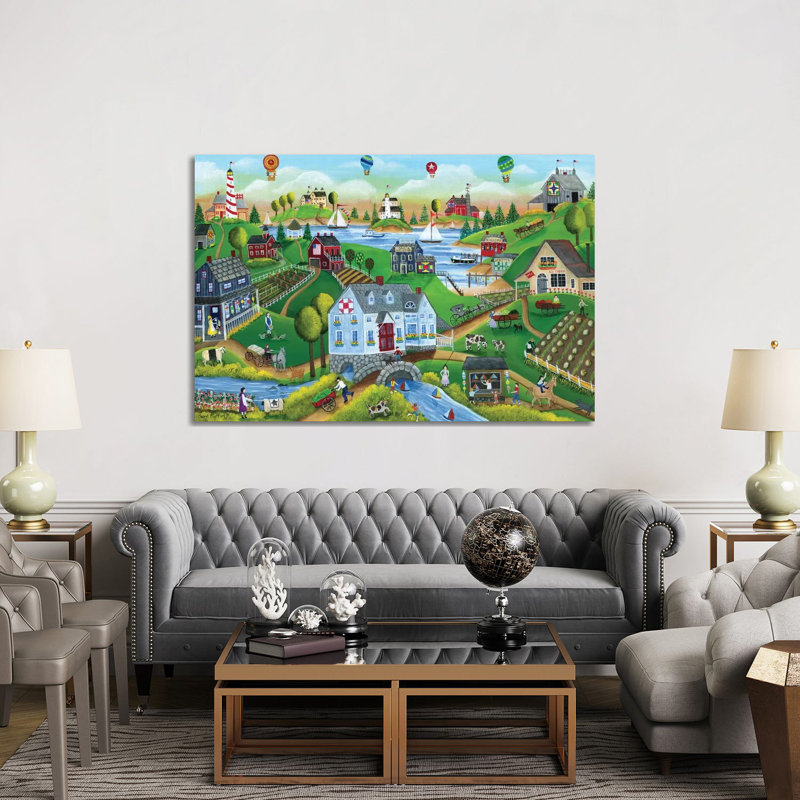 «Village by the Sea with Hot Air Ballons» par Cheryl Bartley, impression sur toile tendue, H 12 po x l 18 po x P 1,5 po