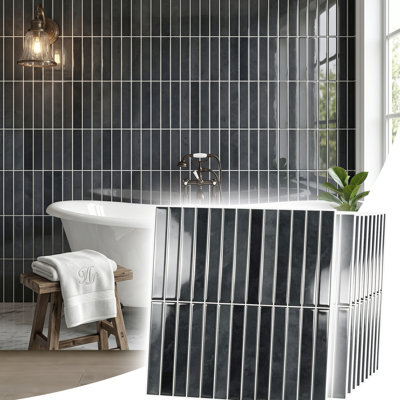 11.8" × 11.8" Charcoal Gray Glossy Linear Mosaic Peel and Stick Backsplash Tile, Waterproof Self-Adhesive PVC Wall Tile for Kitchen & Bathroom, 2 mm Thick, Covers 9.7 sq. ft.