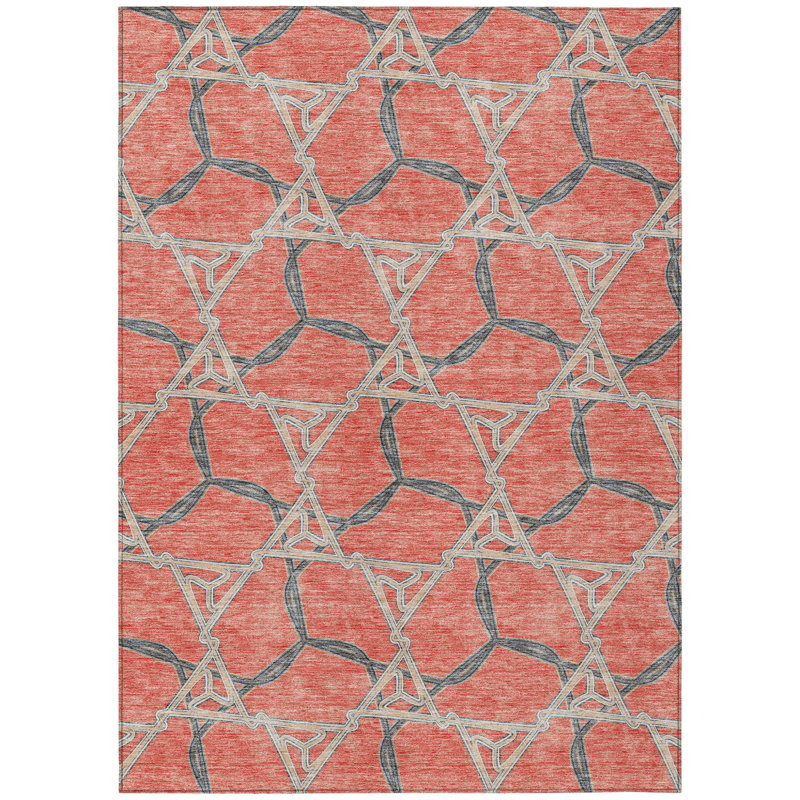 3' X 5' Coral And Taupe Geometric Washable Indoor Outdoor Area Rug