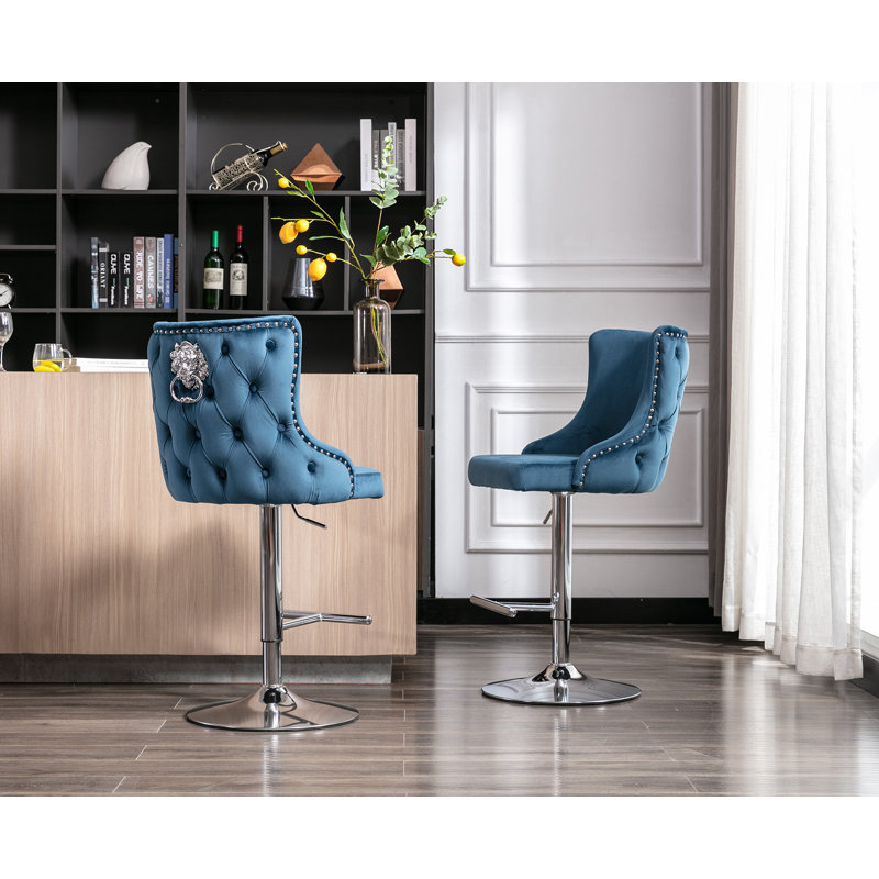 Glazer Swivel Upholstered Adjustable Height Bar Stool, Blue / White / Grey