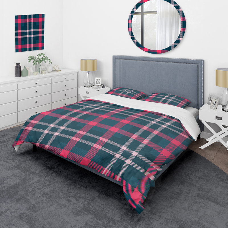 Tartan à carreaux rose et bleu - Ensemble de housse de couette abstrait - Microfibre de polyester