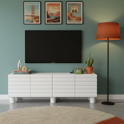 Modern Winter White Wavy-Door Media Storage Console with Adjustable Shelves & Cylindrical Legs, Fits TVs up to 75"