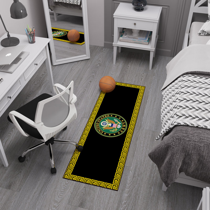 Tapis antidérapant à bordure logo US Army pour chambre à coucher, cuisine, noir / jaune