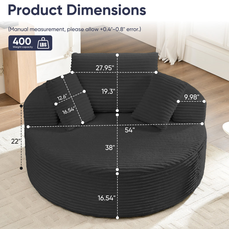 Chaise longue en velours côtelé 44,8 po - Éponge haute densité, capacité de 400 lb, siège profond, Noir