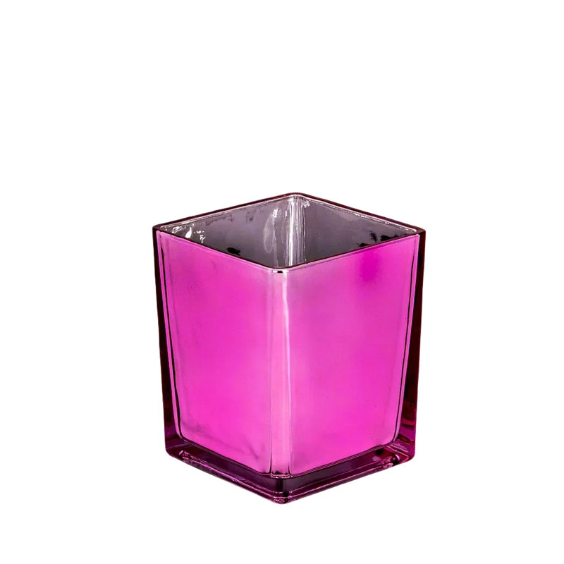 Machine Made Glass Cube Vase With Electroplating Inside, 4" H x 3.6" W x 4.7" D, Pink