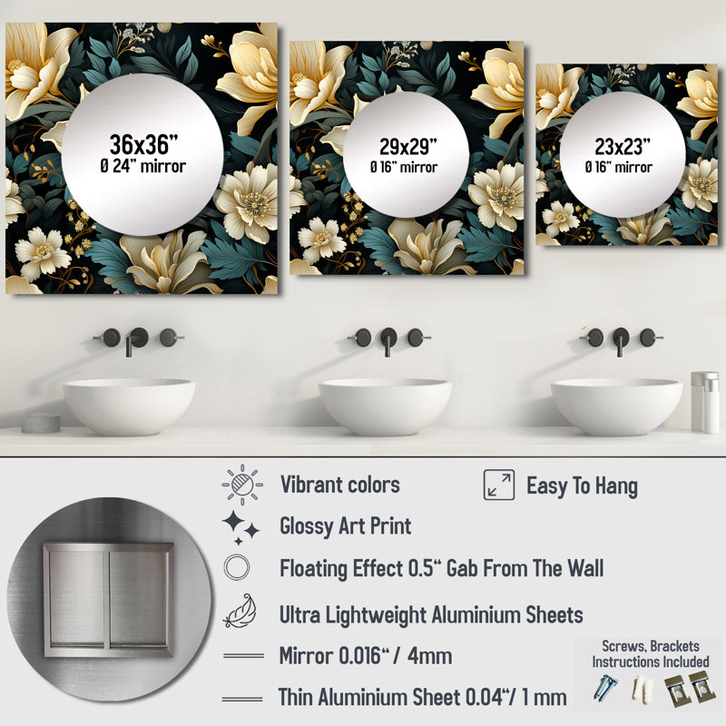Décoration murale Botanical Green Damask Harmony - Grand miroir carré bohémien et éclectique pour chambre, 23 po x 23 po
