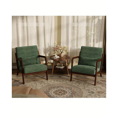 Set of 2 Mid-Century Chenille Accent Chairs, Modern Barrel Armchairs with Lumbar Pillow, Upholstered Reading Chairs with Wood Legs for Living Room, Green