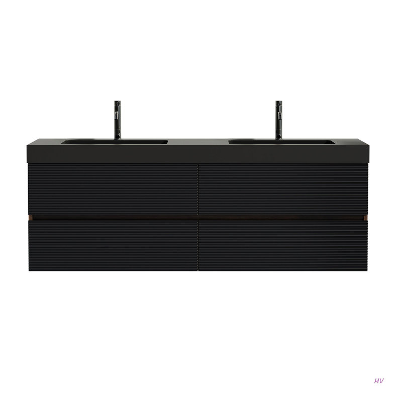 Meuble-lavabo 60 po avec lavabo à quartz et tiroirs souples, meuble-lavabo mural flottant pour salle de bain moderne, lavabo une pièce, pré-assemblé