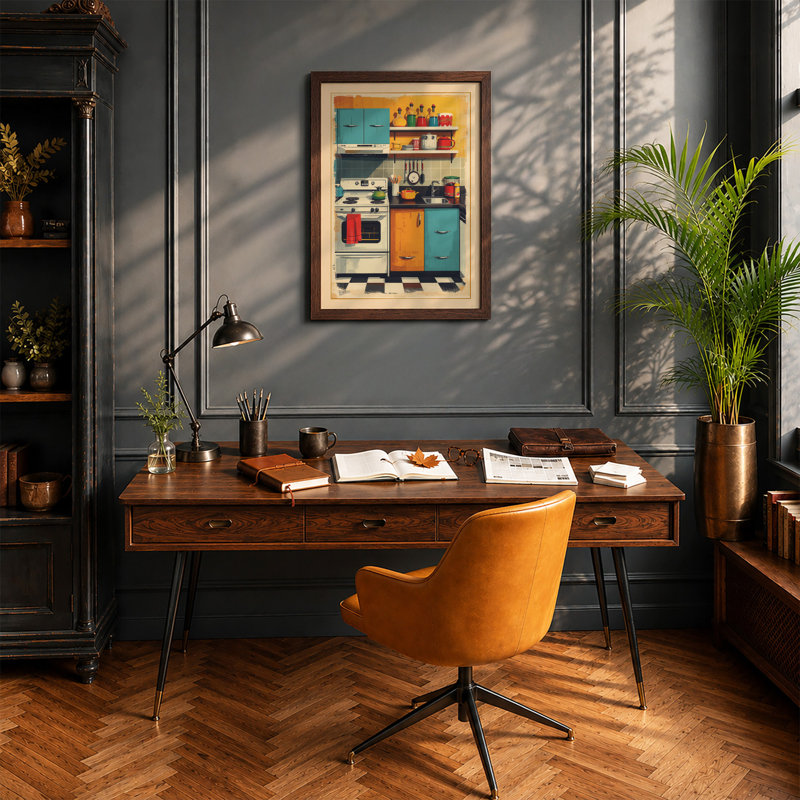 Stacked Kitchen Mid-Century - Framed Print, Walnut, A1 - 84.1 x 59.4 cm