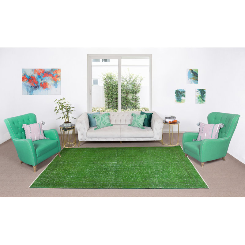 Tapis de salon 5,7 x 9,3 pi, tapis turc vert noué à la main surteint authentique
