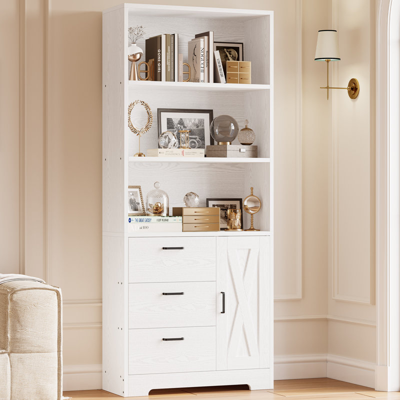 Bibliothèque moderne en bois de style moderne H 71 "avec porte et 3 tiroirs, tablettes ouvertes à 3 niveaux, Blanc