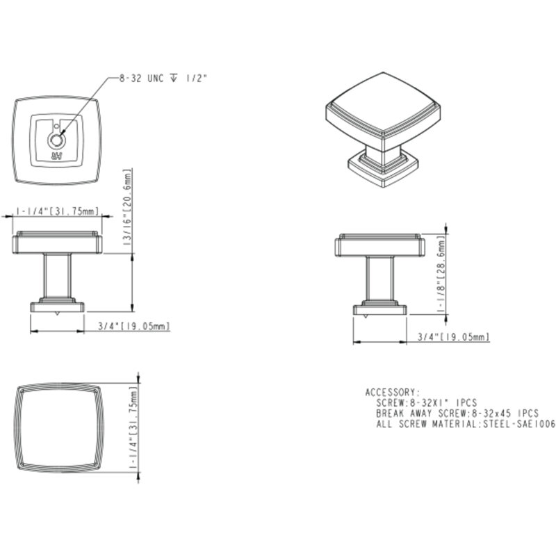 Square Knob, Polished Chrome