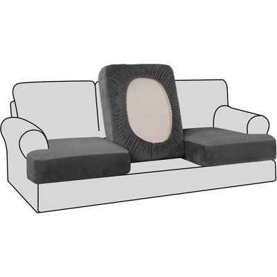 Stretch Velvet T-Cushion Sofa Slipcovers – Grey – 3-Piece Set – For 3-Cushion Sofa – Individual Seat Cushion Covers – Stretch Fabric