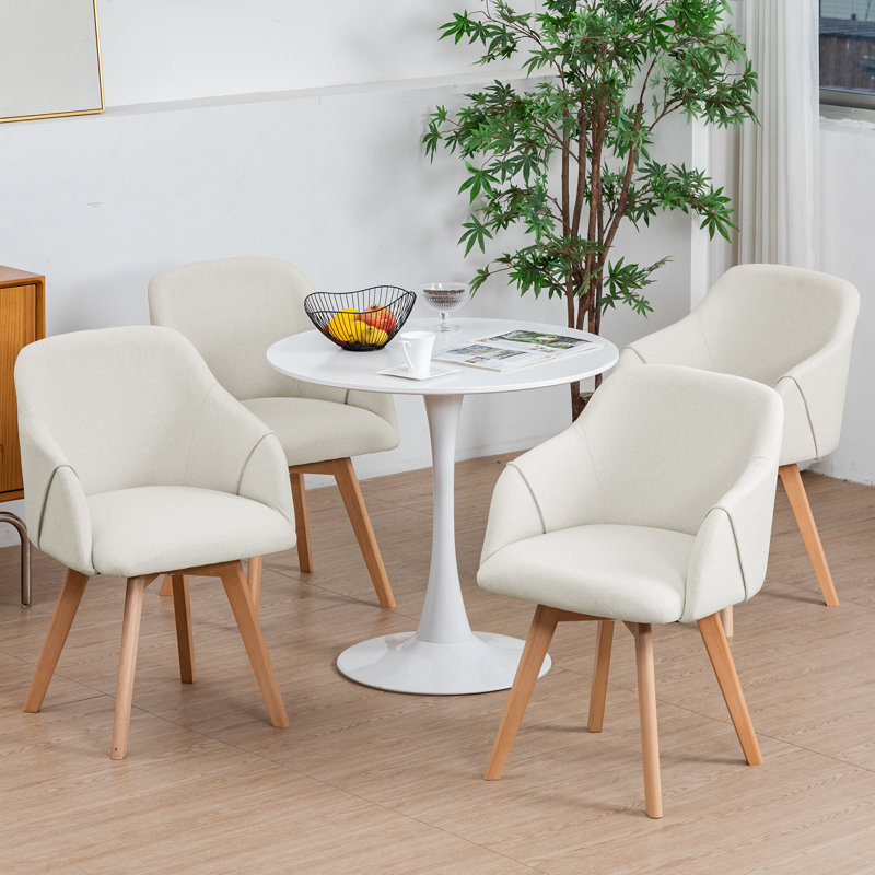 Beige Linen Upholstered Swivel Side Chair with Beech Wood Legs, Set of 2