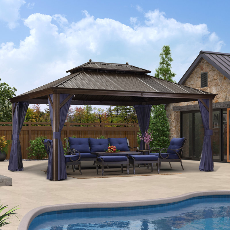 PURPLE LEAF 12' X 16' Hardtop Gazebo Outdoor Metal Roof Sun Shade Tent with Curtains and Netting Patio Canopy Permanent Pavilion