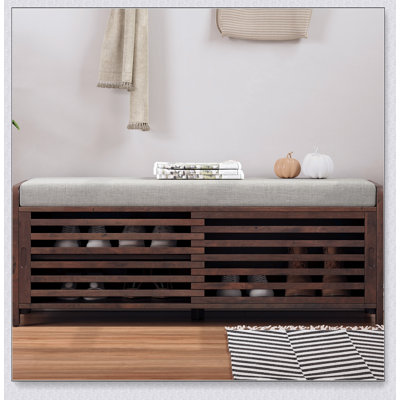 Shoe Bench with Storage and Cushion, Distressed Shutter Design for Rustic and Vintage Entryways
