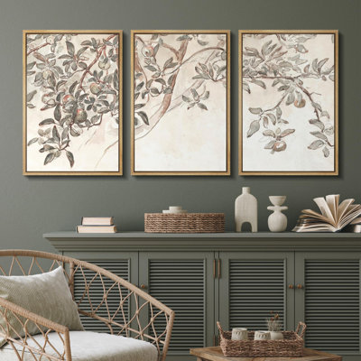 " Ethereal Cherry Blossoms Soft Floral Elegant Framed Illustration Modern Decor Relax Calm Chic " 3 Piece Art Set