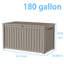 Coffre de terrasse verrouillable en grain de bois 180 gallons, résine résistante à l'eau-125904231
