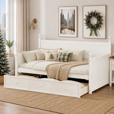 Lit de jour double en bois massif avec trois tiroirs de rangement pour des solutions de couchage et d'assise polyvalentes