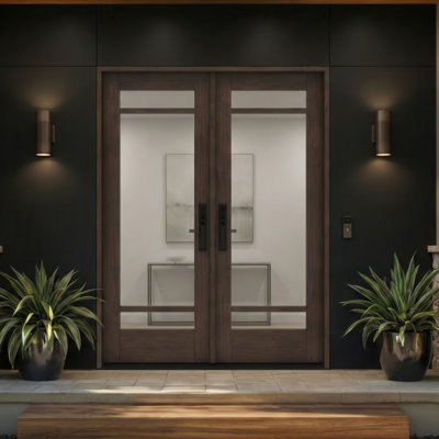 G10302-SW-80 | 80" Double Door, RTA Prehung Exterior, SDL 3 Lite, Unfinished Mahogany Wood
