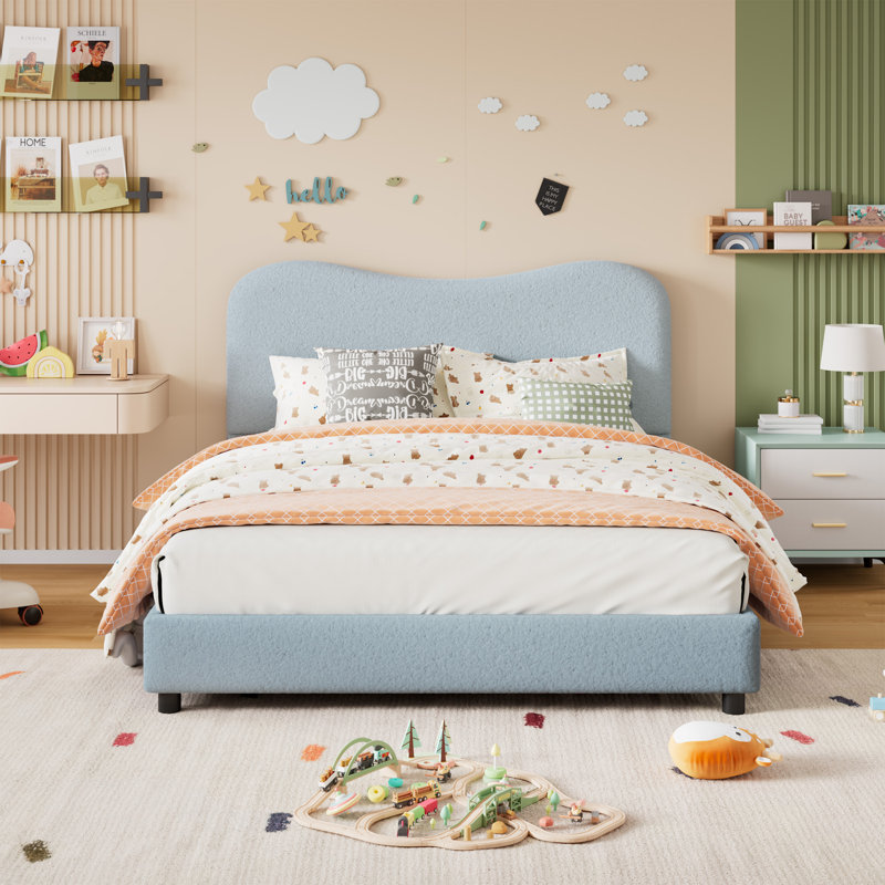Bed Frame For Kids With Velvet Upholstered Headboard, Cute Low Profile Platform Bed, Full , Blue