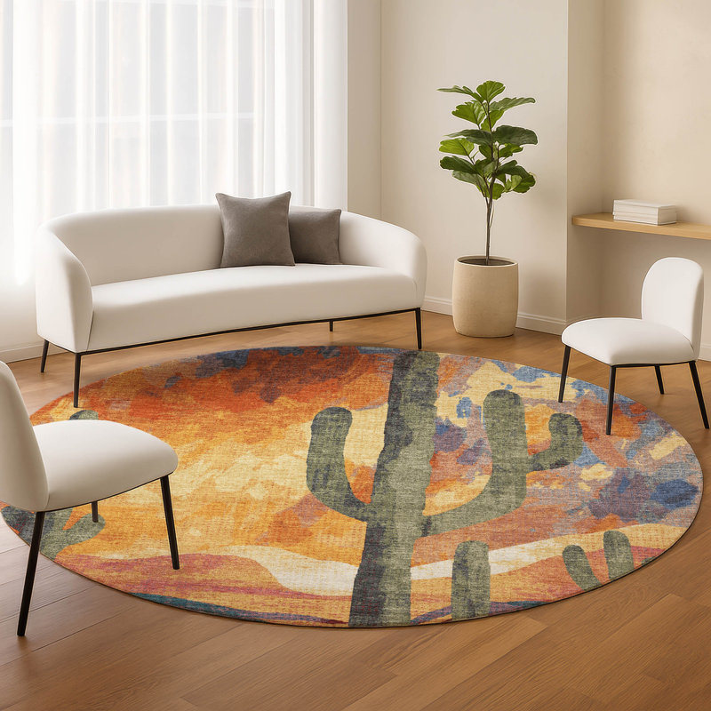 Machine Washable Indoor/Outdoor Bourkelands ACN2337 Botanical Rug, Round 8'