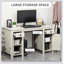 Bureau d'ordinateur avec rangement Farmhouse, bureau avec 2 tiroirs et 2 armoires, blanc crème