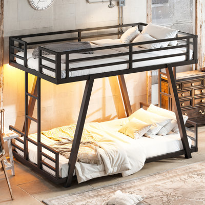 Twin Over Twin Size Bunk Bed with 2 Side Ladders, Metal Bunk Bed Frame with Trapezoid Support Leg Design and LED Light, No Box Spring Needed, Easy Assembly, Black