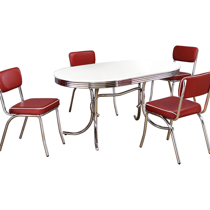 Table de salle à manger ovale rétro 5 places, fini blanc, 4 couverts, piètement évasé et chaises rembourrées en tissu au ton nostalgique, pieds en métal sur les 4 côtés.