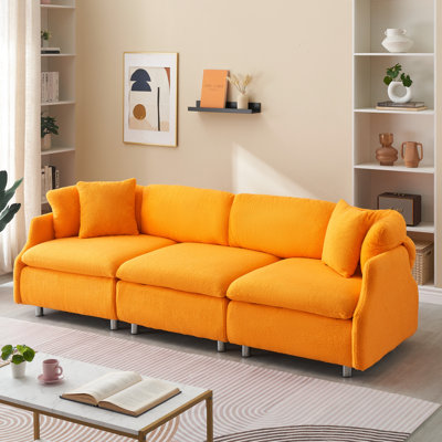 Spacieux 3 avec velours de 95,3 pouces, tissu orange et coussins décoratifs fascinants pour le velours de la maison, salon charmant et relaxant