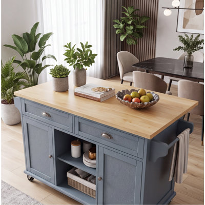 54-Inch Large Rolling Kitchen Island with Drop Leaf, Rubber Wood Top, Embossed Grey Blue