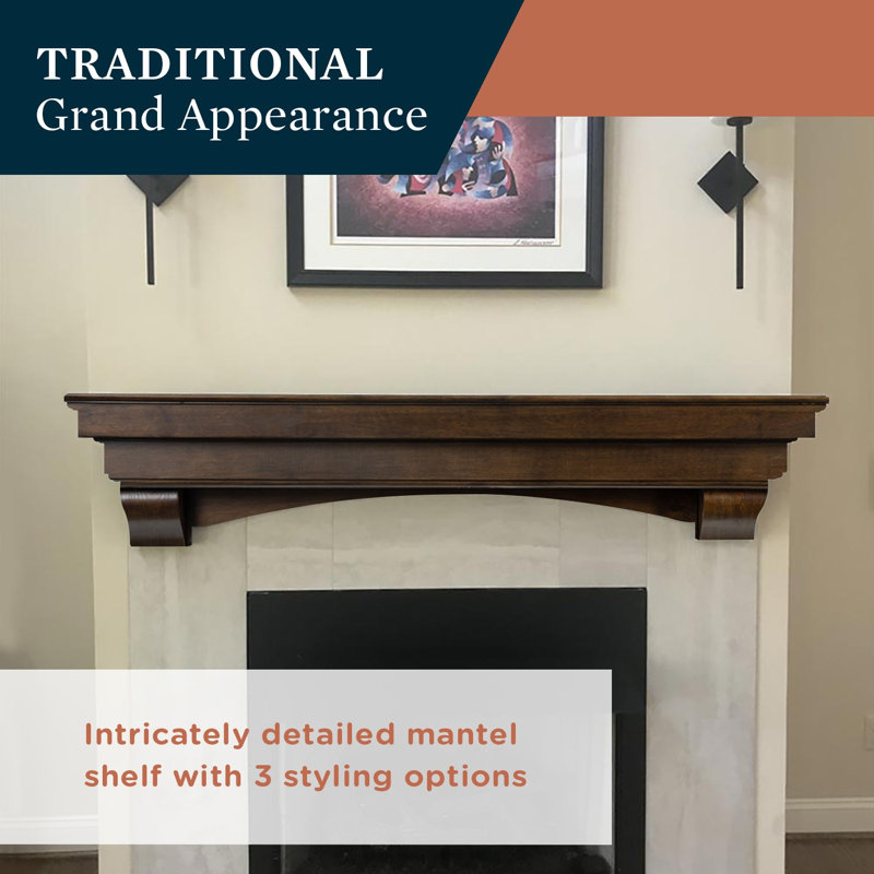 Salem 72" Floating Pine Wood Fireplace Mantel Shelf with Arched Corbels - Mocha Finish, 72" Length, Mocha