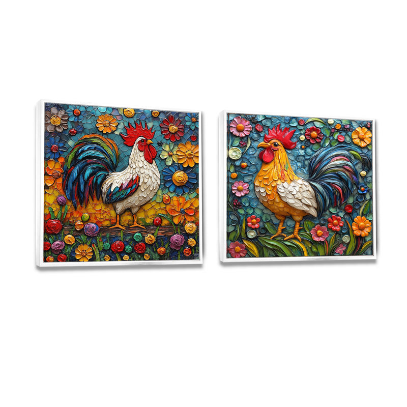 Coq coloré dans les champs de fleurs I - Art mural coq animal - Art mural moderne pour le salon 2 pièces, H 36 po x l 73 po